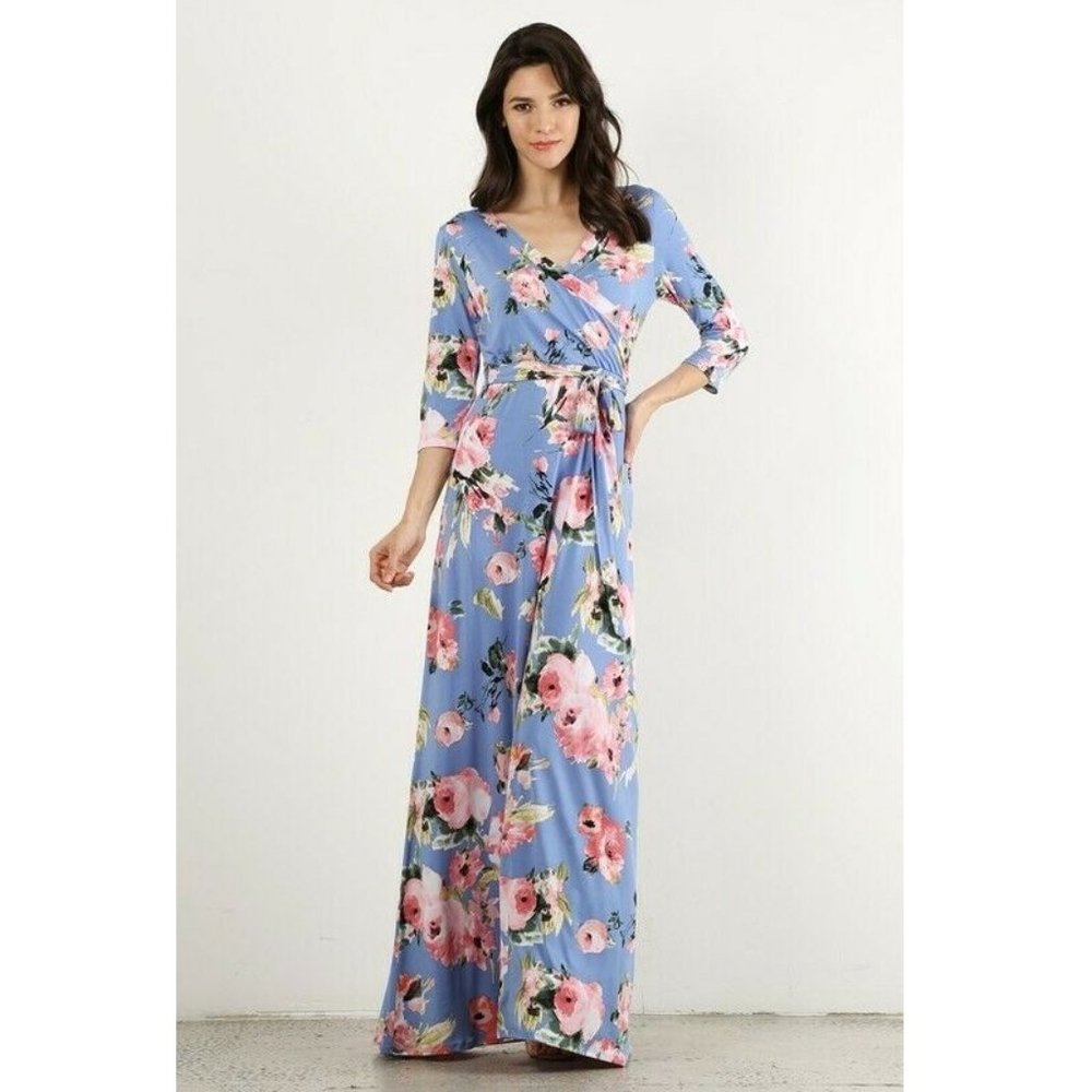 LARA FASHION Brielle Blue Stretchy Cherry Blossom Floral Maxi Dress | Size S